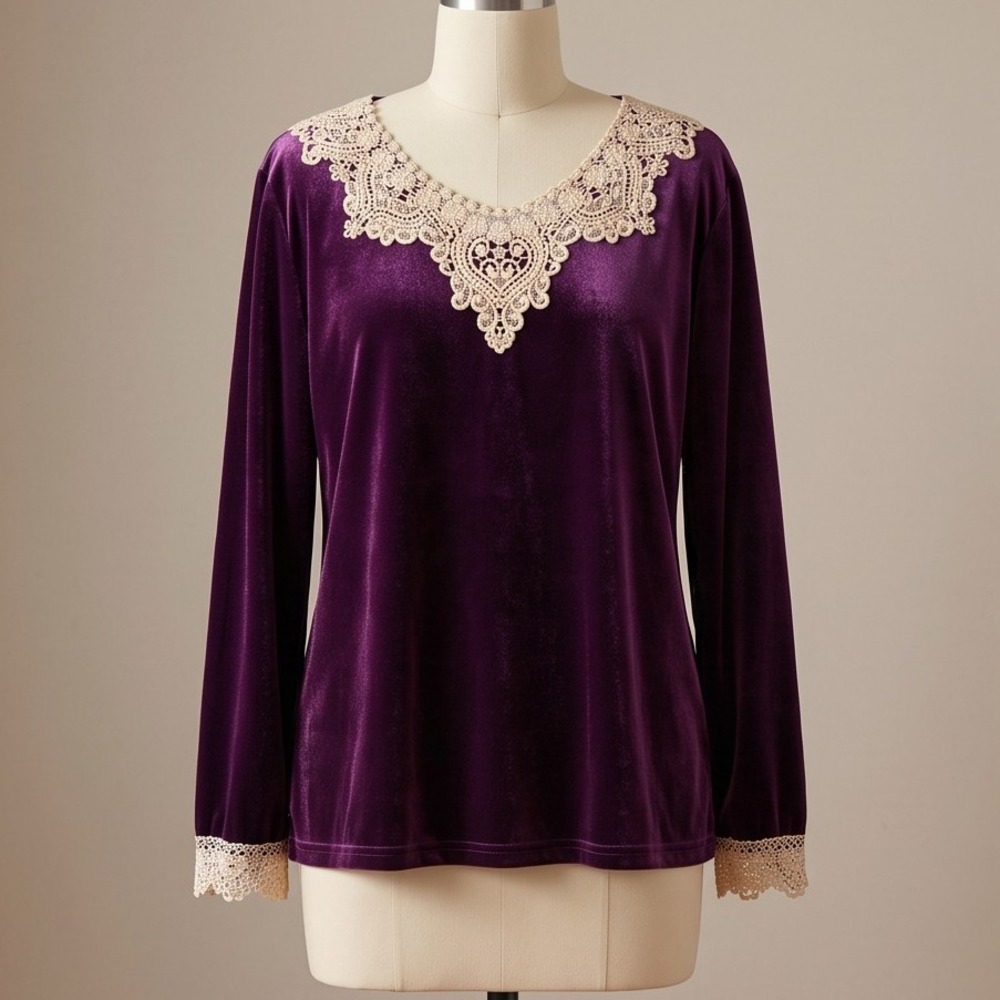 Womens Purple Velvet V-Neck Gold Lace Trim Long Sleeve Tunic Blouse Plus‎ 5XL